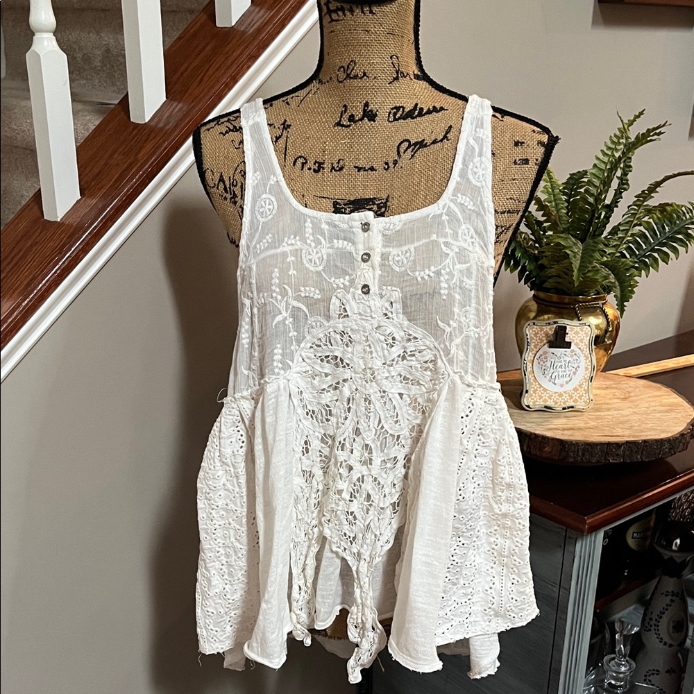 Free People White Lace Button-Front Blouse